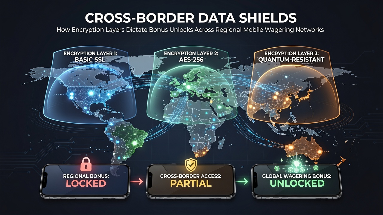 Illustration of layered encryption shields protecting mobile wagering data across international borders