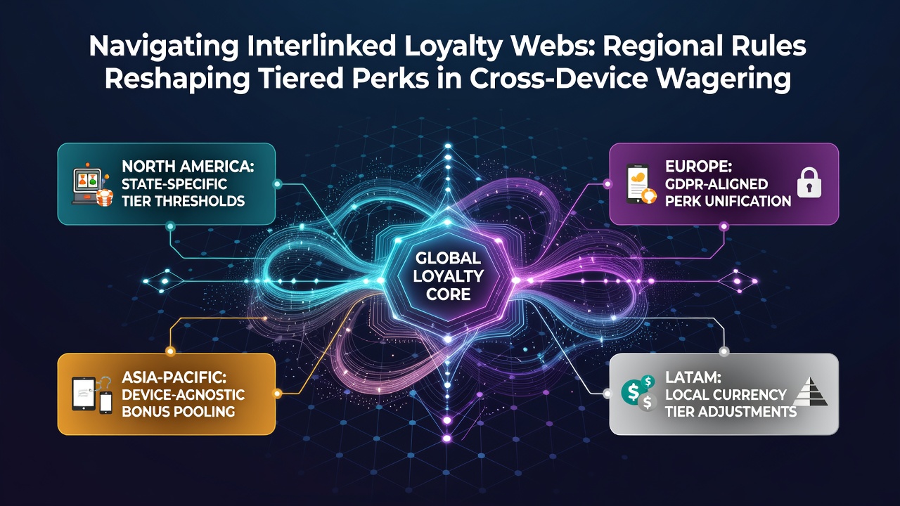 Diagram illustrating regional rule impacts on tiered loyalty perks across mobile, tablet, and desktop wagering platforms