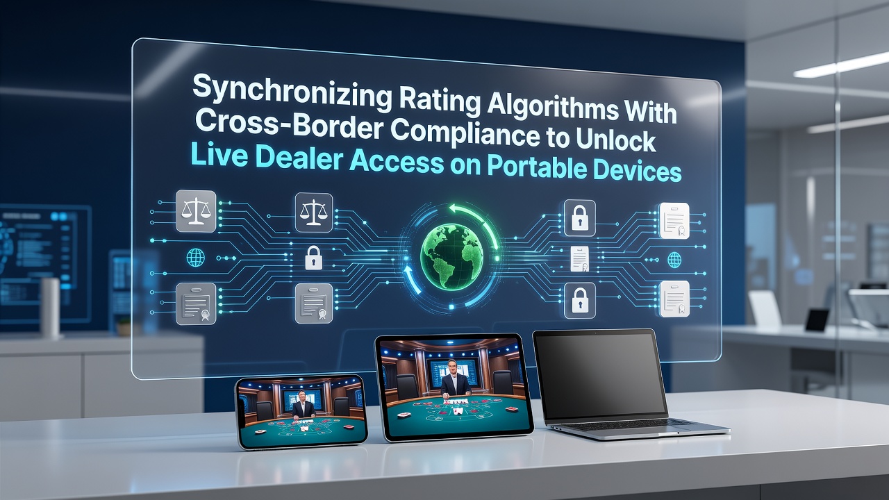 Illustration of mobile live dealer gaming interface with compliance and algorithm synchronization graphics overlaid on portable device screens